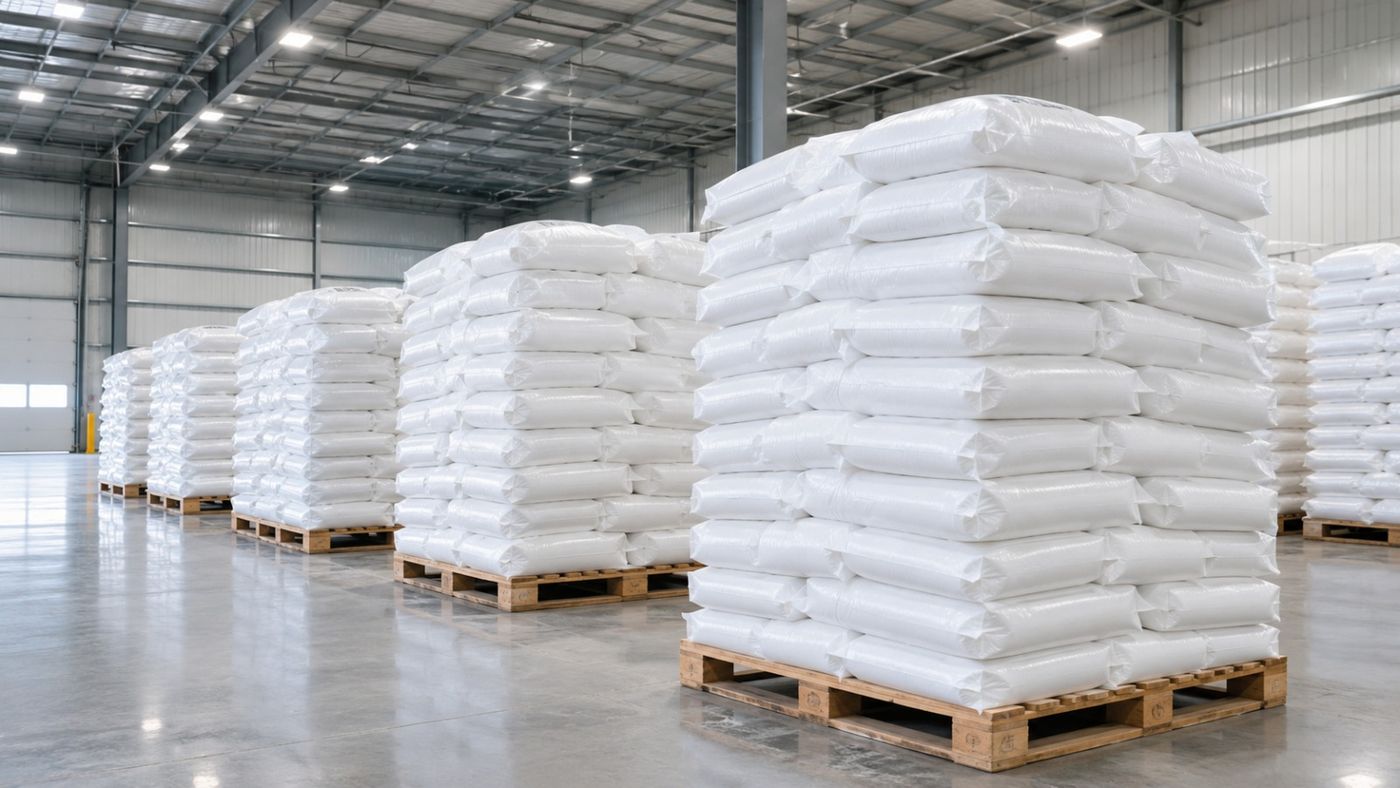 Bagged polymer stock on pallets in a warehouse